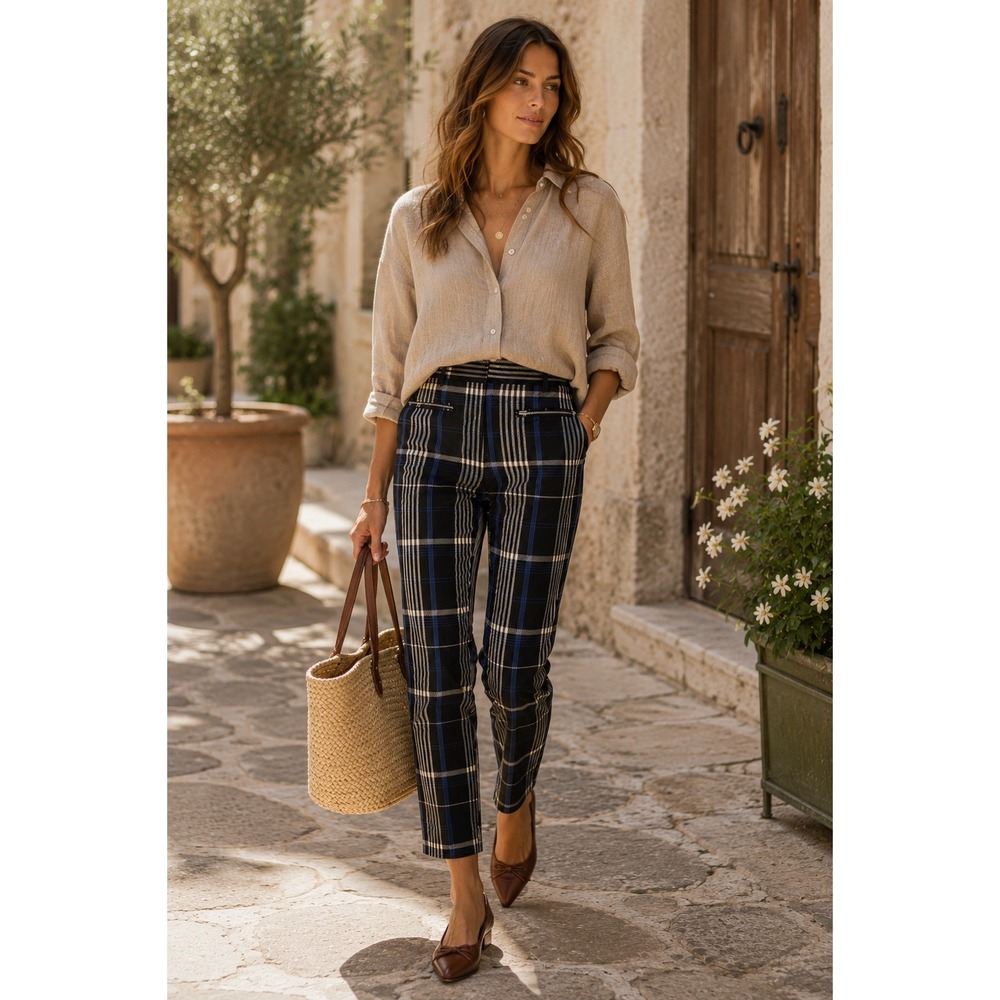 Anthropologie Essential Slim Pants Womens 4 Black Blue Plaid Tailored Trousers